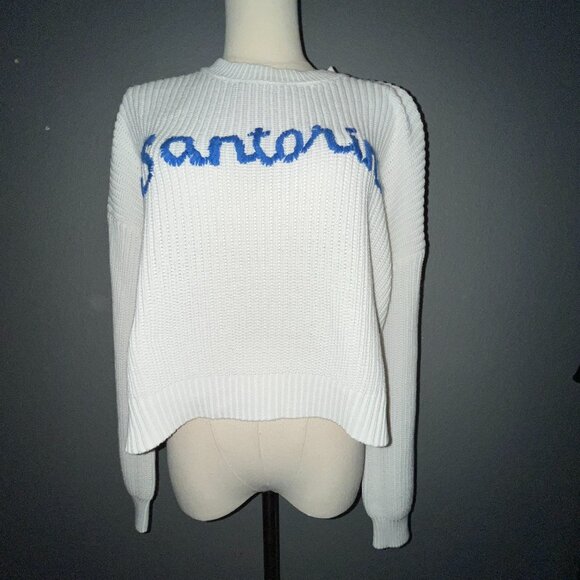 SANTORNI GREEK ISLES GREECE BLUE SPELLOUT "SANTORINI" ON WHITE SWEATER - EUC - M - Picture 1 of 9